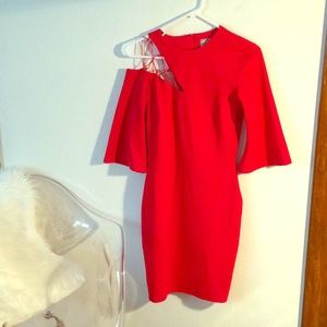 Asos lace up shoulder bell-sleeve red dress